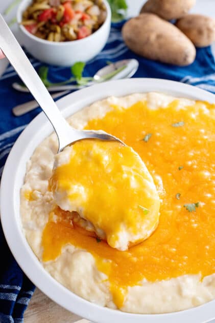 Spoonful of cheesy mashed potatoes.