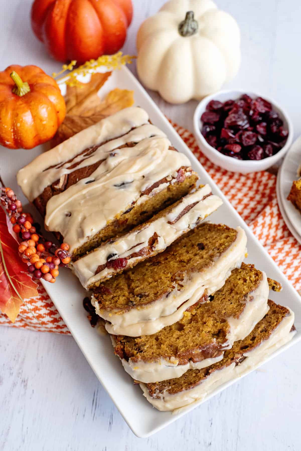 Pumpkin Cranberry Bread With Caramel Glaze