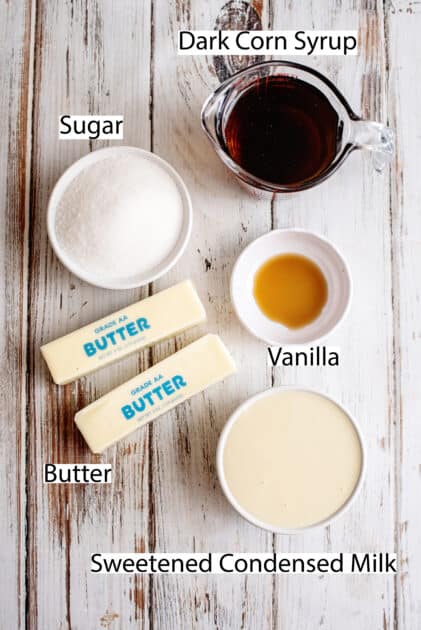 Labeled ingredients for homemade caramels.