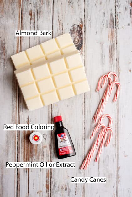 Labeled ingredients for candy cane bark.