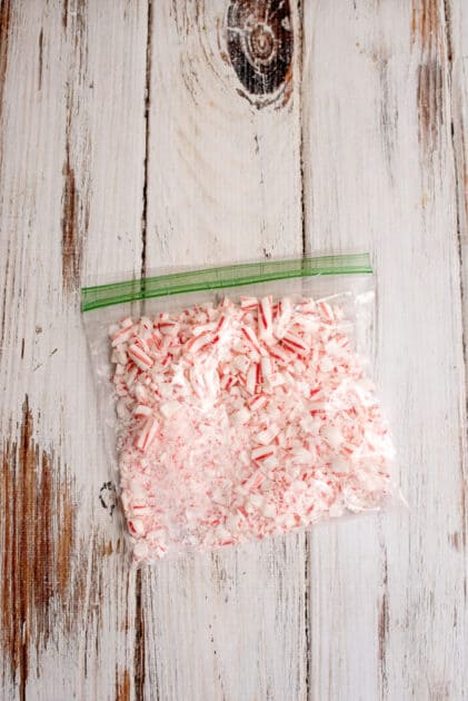 Crushed candy canes in zipper seal bag.