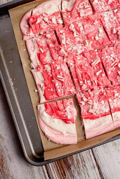 Cut chilled candy cane bark into pieces.