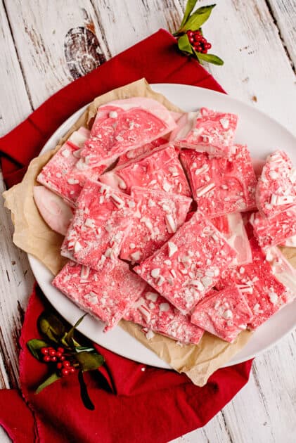 Plate of candy cane bark.