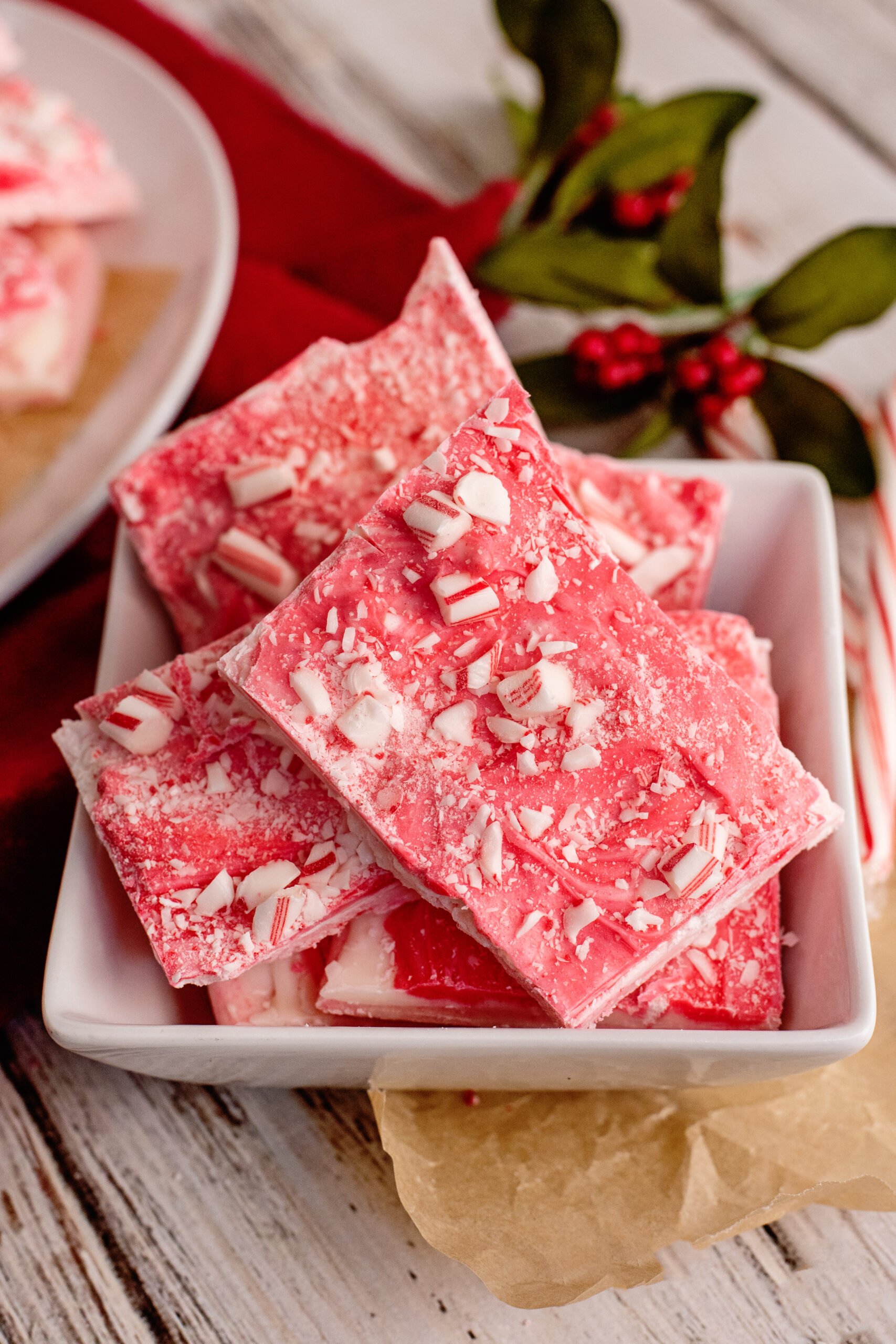 Bowl of candy cane bark.