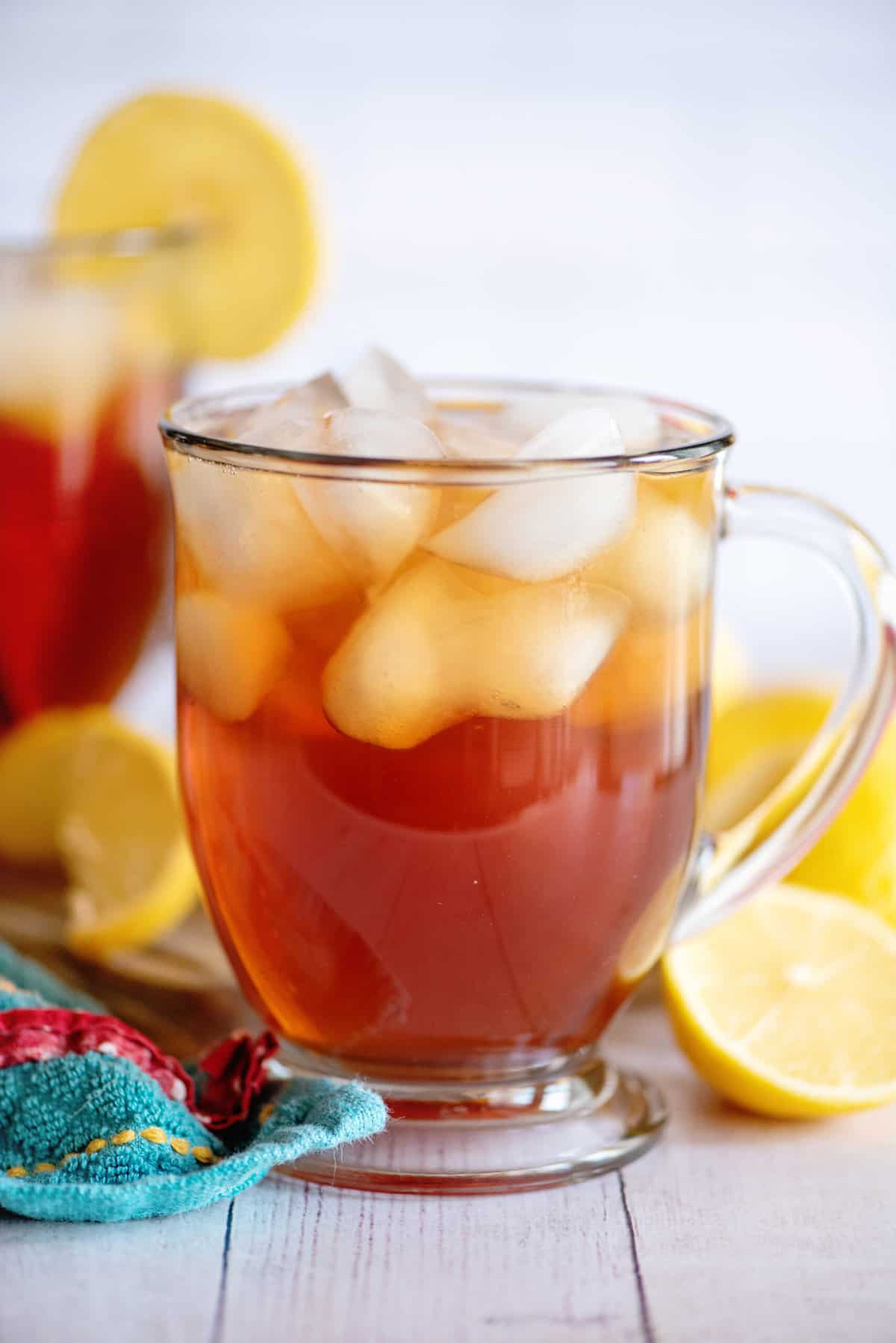 Southern sweet tea in a decorative glass with ice.