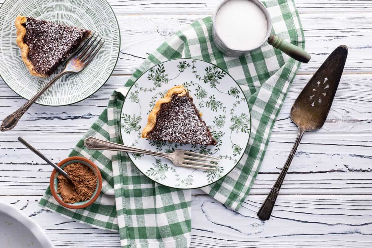 Slices of chocolate chess pie.