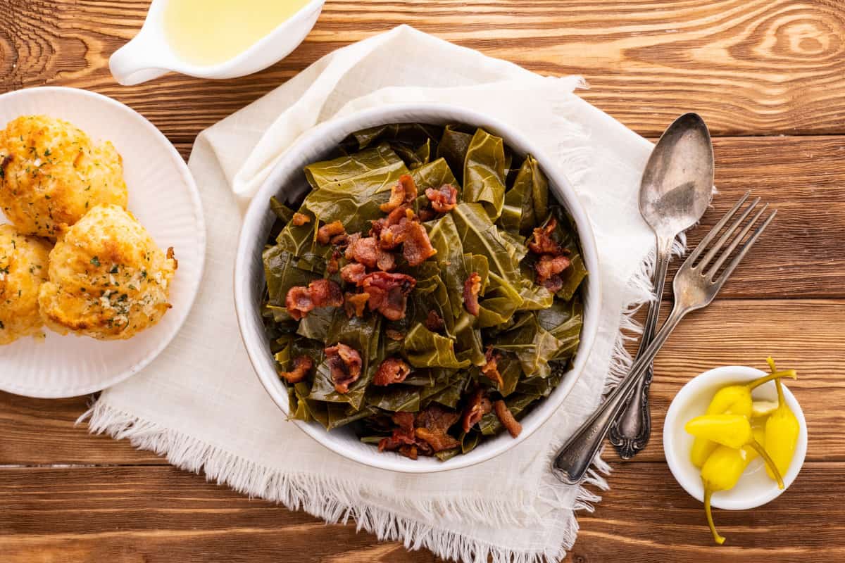 A bowl of collard greens.