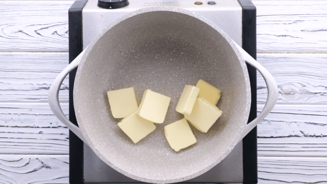 For fruit cocktail cake topping, place butter in saucepot.