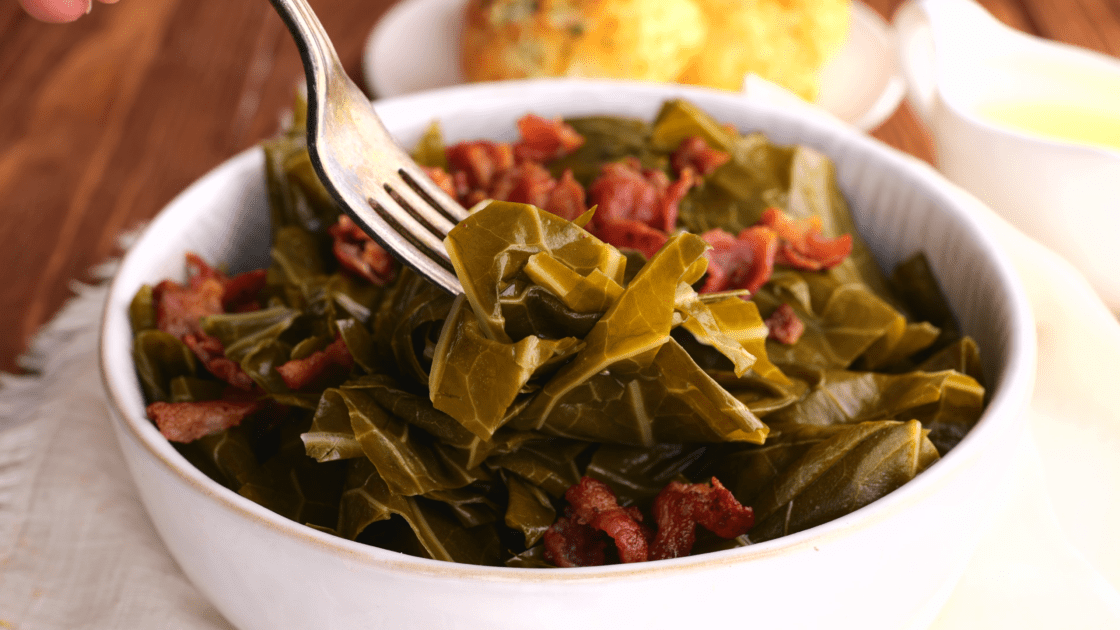 A forkful of collard greens.