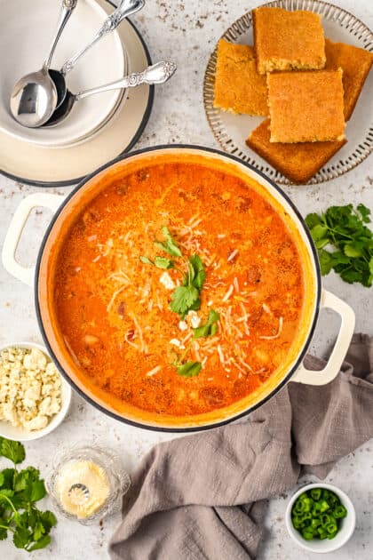 Cooked buffalo chicken chili.