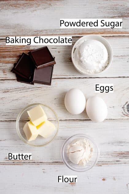 Labeled ingredients for molten chocolate cakes.