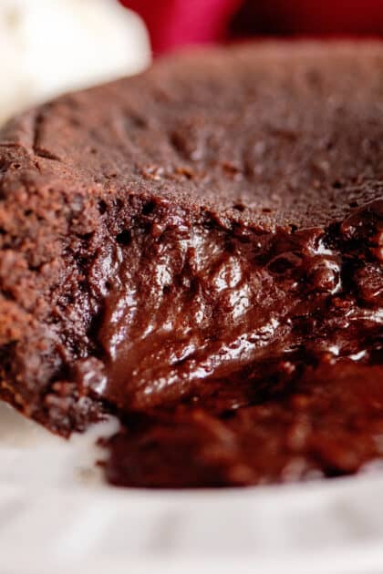 Close-up of center of molten chocolate cake.