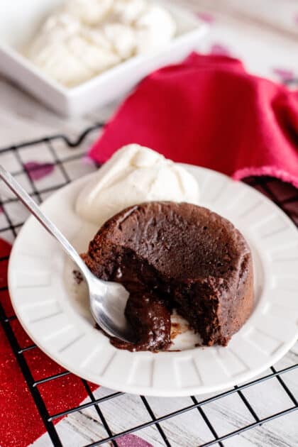 Molten chocolate cake with a scoop of ice cream.