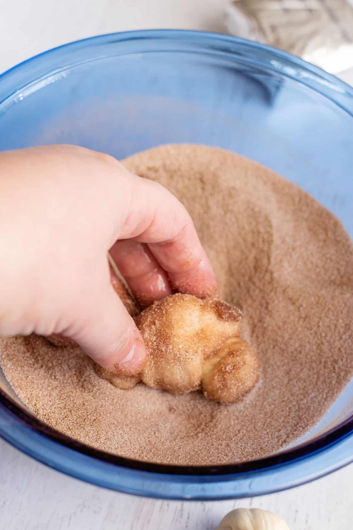 roll cinnamon knots in cinnamon sugar