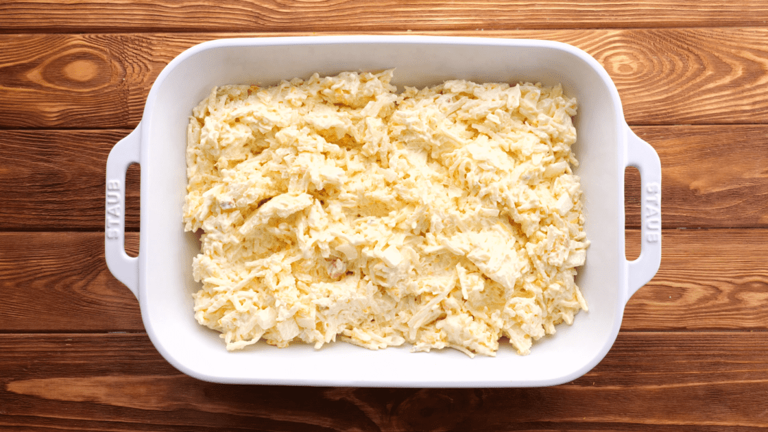 Pour mixture into prepared casserole dish.