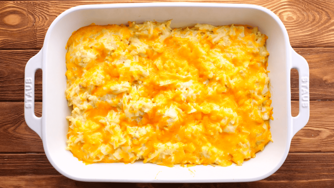 Baked cheesy hashbrown casserole.