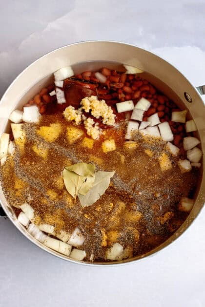 A stock pot with beans, hambone, onions, garlic, and spices.
