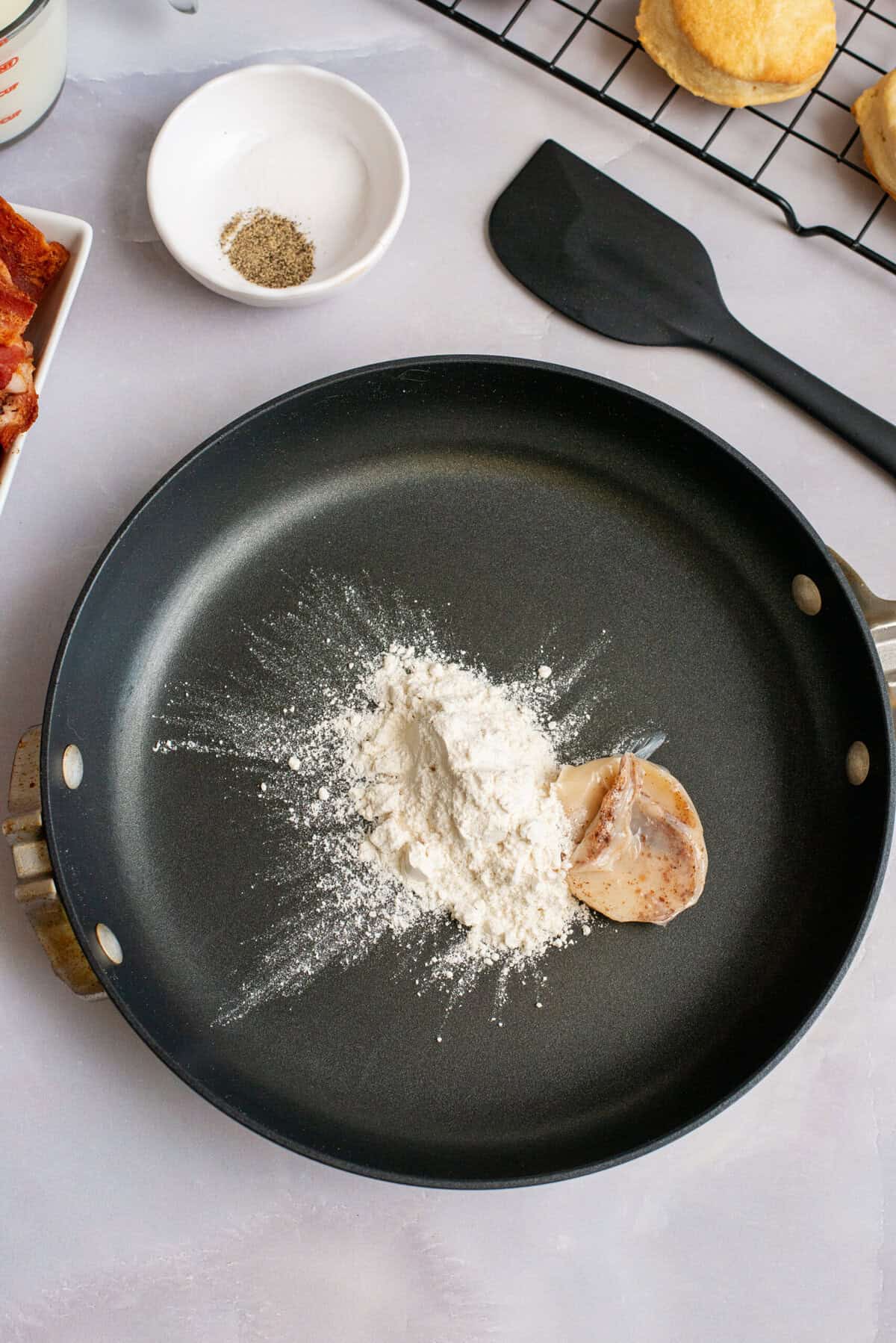 Bacon grease and flour in a skillet.