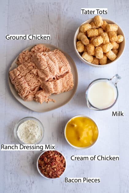 Labeled ingredients for chicken tater tot casserole.