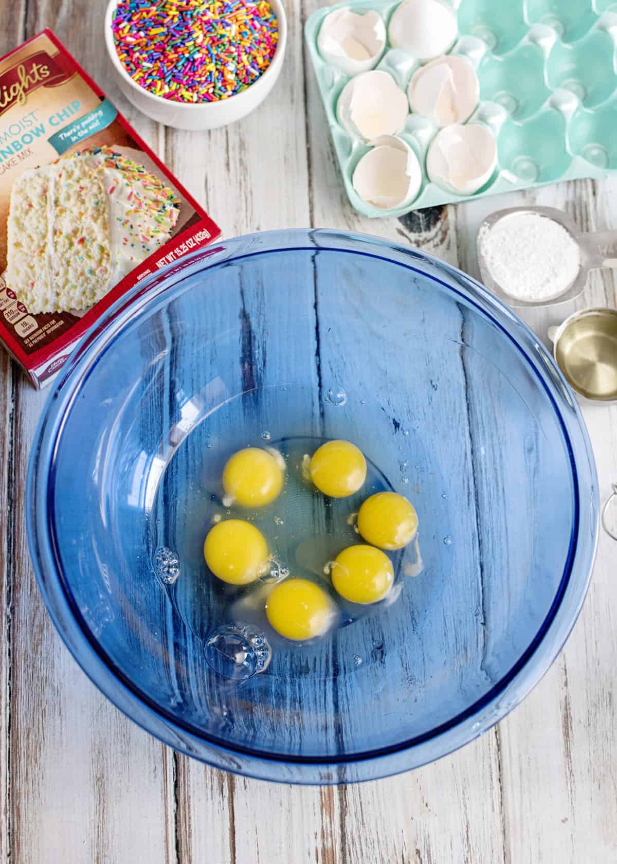 Beat eggs in stand mixer.