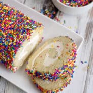 Slices of birthday cake roll.