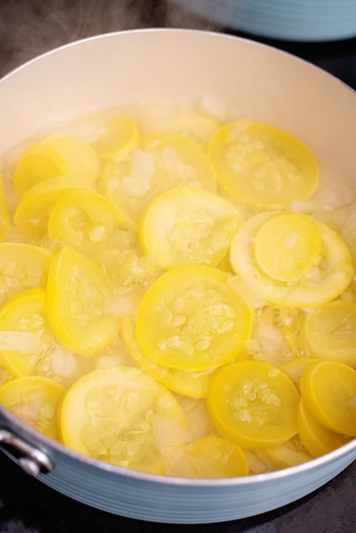 Tender squash in skillet.