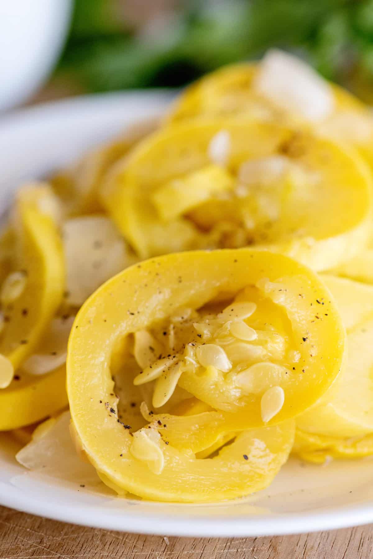 Close-up of boiled squash.