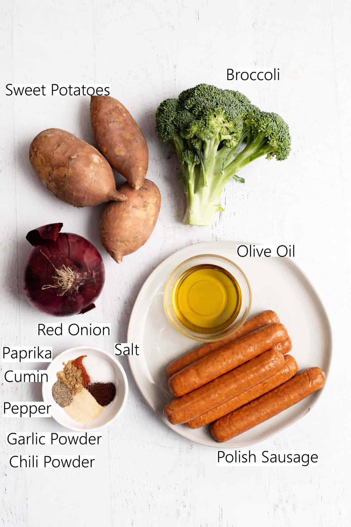 ingredients for sausage and sweet potato sheet pan dinner