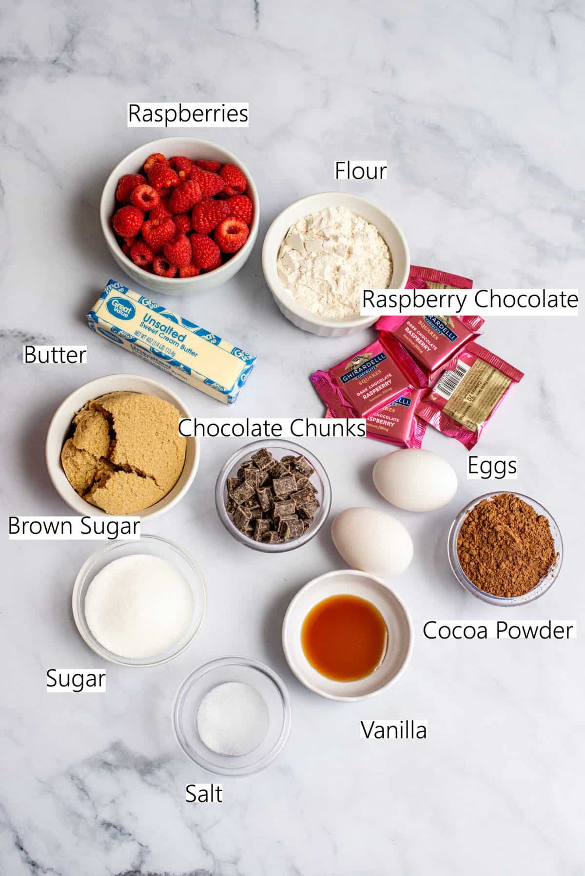 ingredients for triple chocolate raspberry brownies