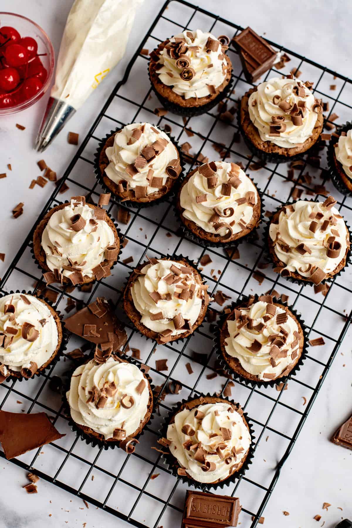 shave chocolate onto frosted cupcakes