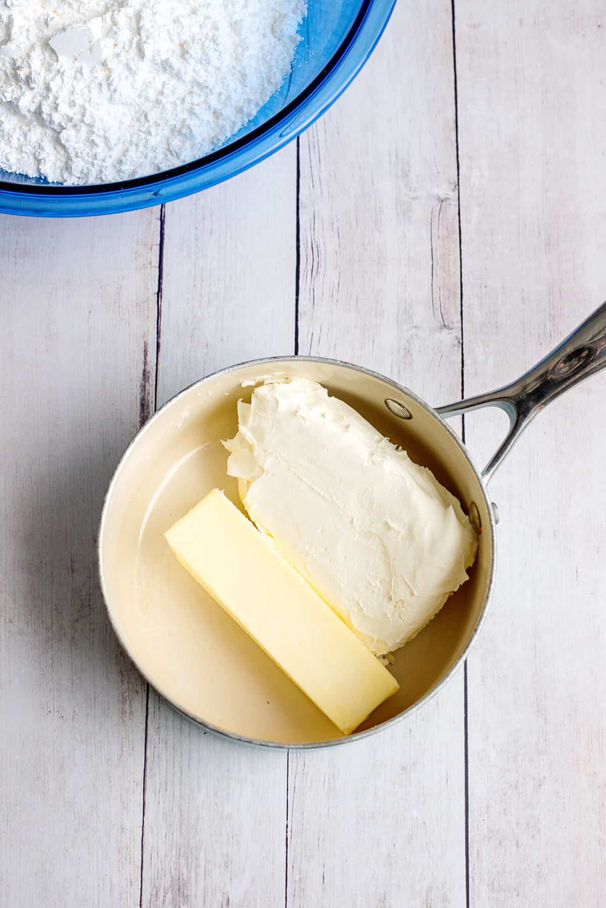melt butter and cream cheese in a small saucepan