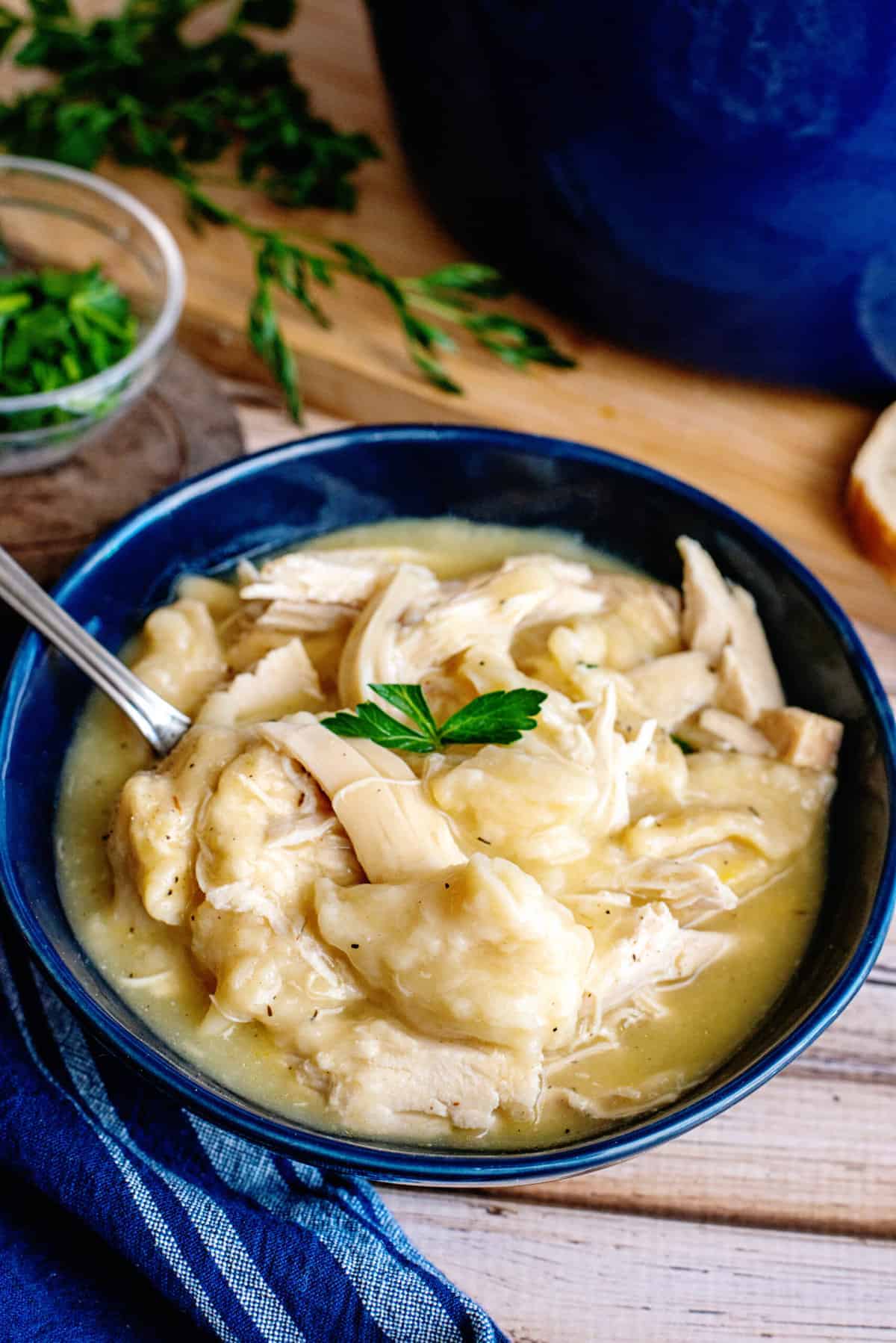 Hearty and cozy chicken and dumplings in a bowl.