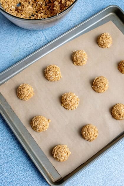 Oatmeal cream pie dough getting ready to bake in the oven.