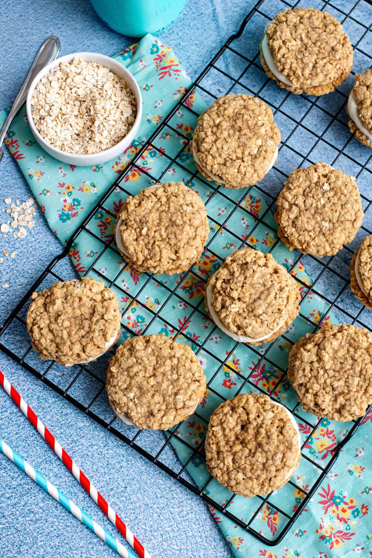 Oatmeal cream pies on a cooling rack.