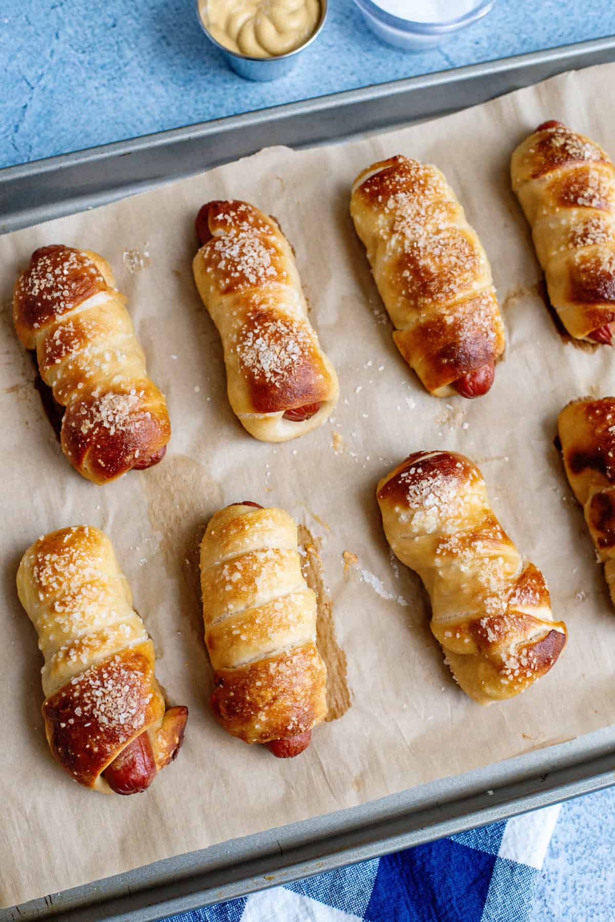 Pretzel dogs fresh out of the oven!