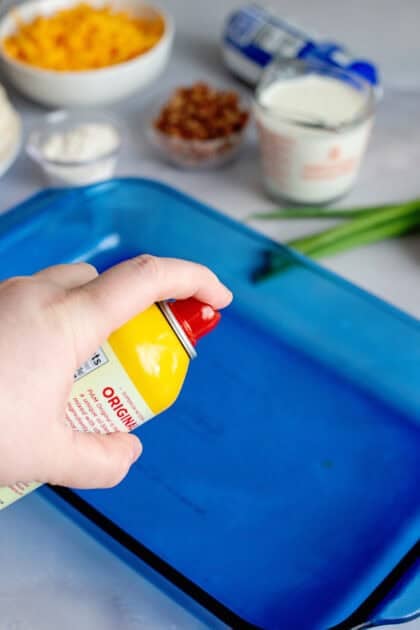 A hand spraying cooking oil into a glass casserole dish to prevent sticking before adding ingredients.