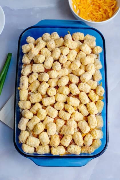 Frozen crispy crown tater tots arranged in a single layer over a saucy biscuit and sausage gravy base.
