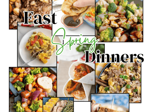 Featured image collage for fast spring dinners recipe roundup.
