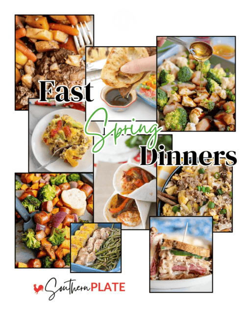 Featured image collage for fast spring dinners recipe roundup.