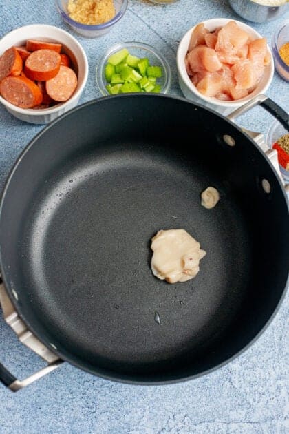 Bacon fat at the bottom of a pan.