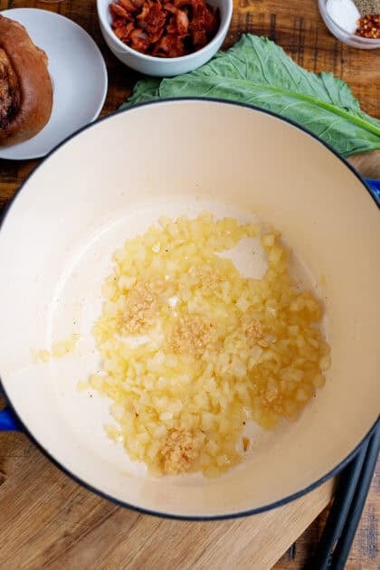 Caramelized onions in a Dutch oven.