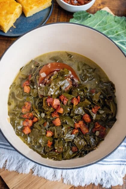 Ready-to-eat collard greens in a Dutch oven.