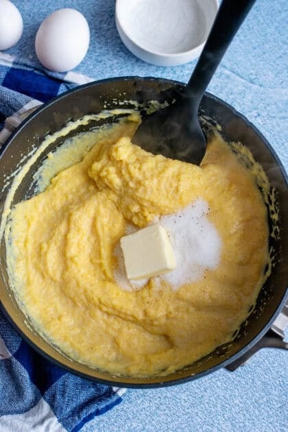 Mixing the Southern spoonbread batter in a mixing bowl.