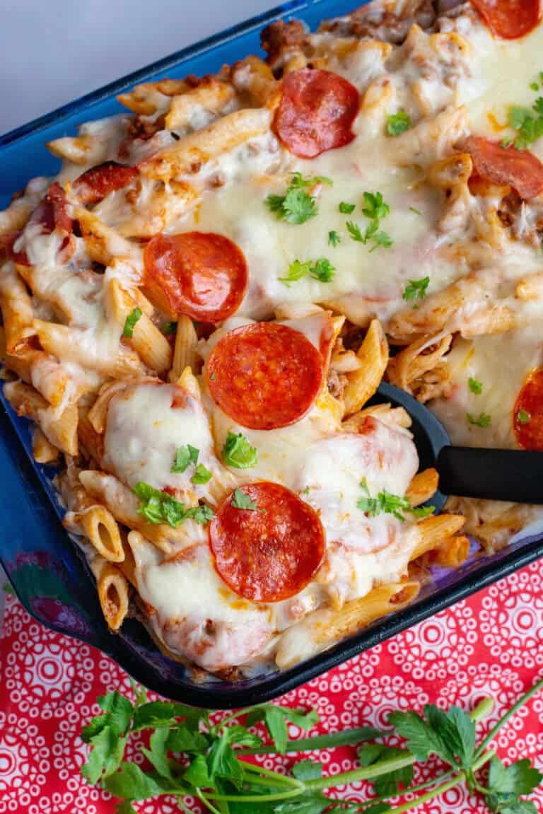 A casserole dish of pizza pasta.