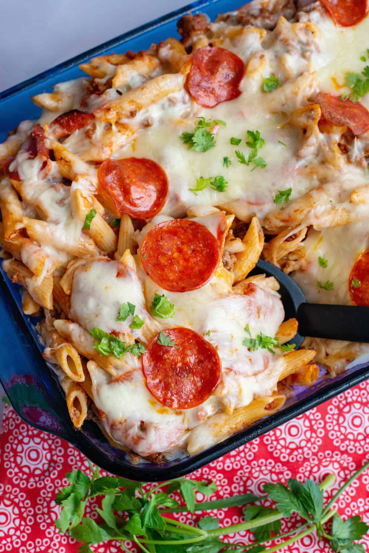 A casserole dish of pizza pasta.
