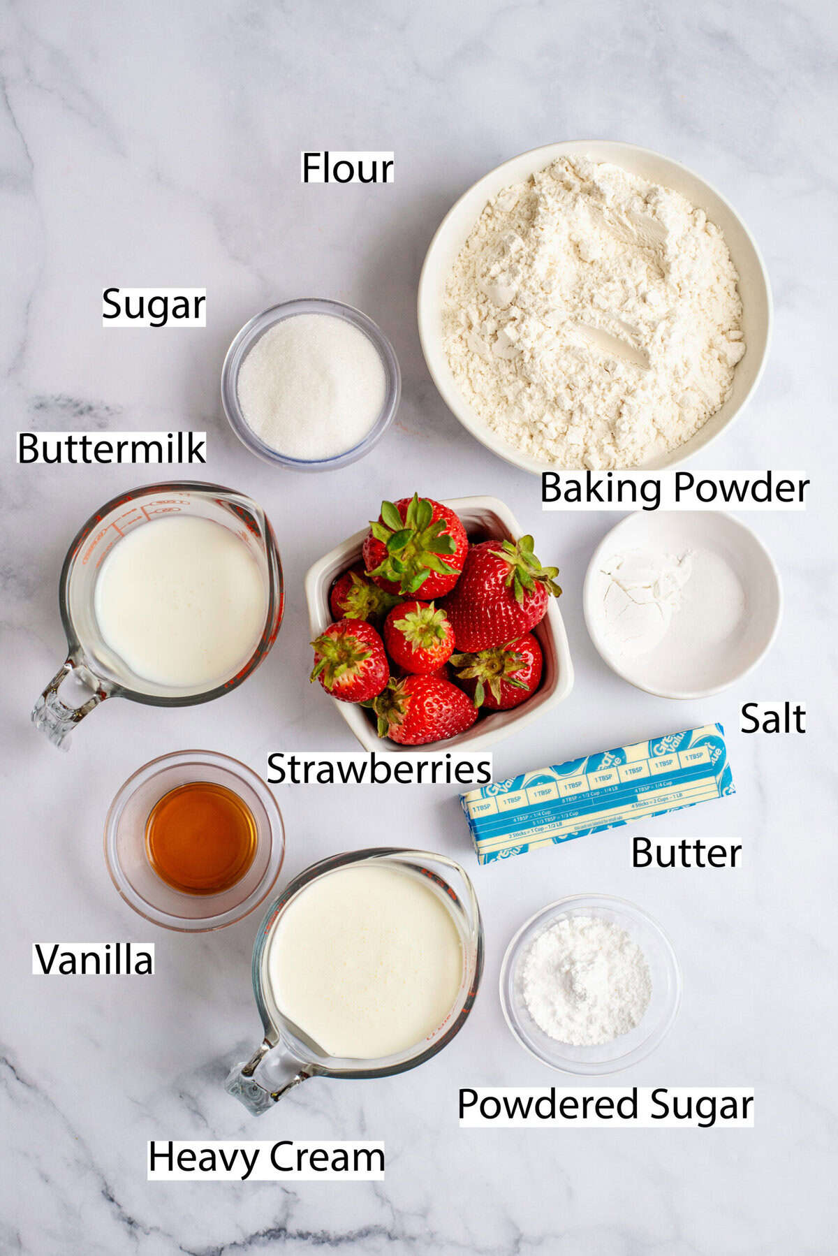 Ingredients for Southern strawberry shortcake recipe.