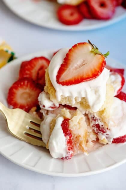 A forkful of delicious Southern strawberry shortcake.