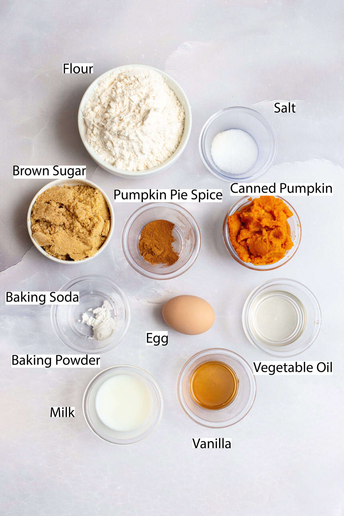 Ingredients for pumpkin spice cake donuts with labels.