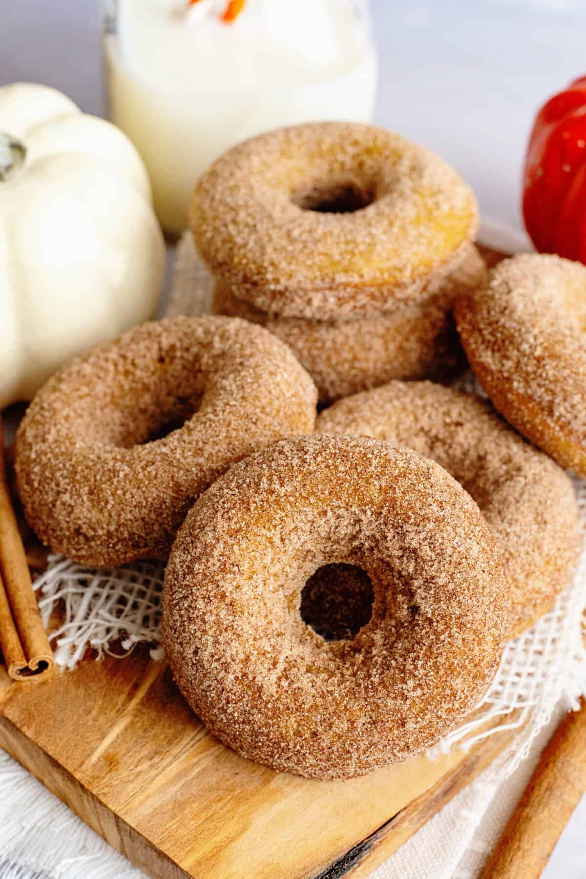Pumpkin spice cake donuts with a delicious cinnamon sugar coating.