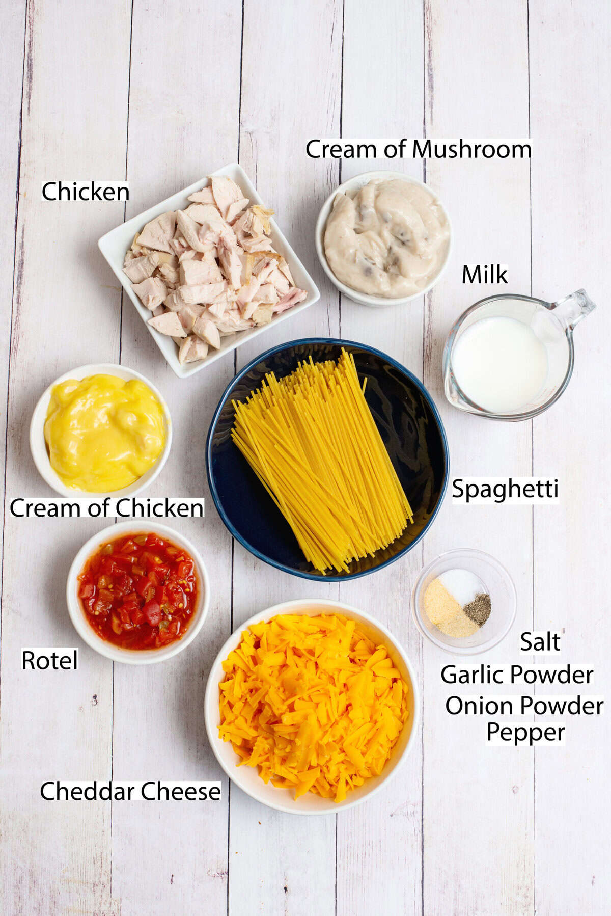 Ingredients for chicken spaghetti recipe with labels.